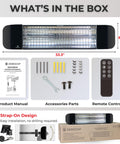 Infrared 1500W Outdoor Patio Heater For Gazebos Pergolas Decks Garages Backyards And Restaurants With Wall And Post Mounted Setup Delivers Instant Carbon Infrared Heat Directly To People And Objects For Easy All Season Comfort components including heater, manual, parts, remote, and packaging.