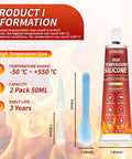 Product packaging of High Temp Silicone Sealant Adhesive for Ovens Fireplaces and Microwaves, showing tube and details.