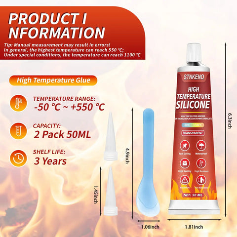 Product packaging of High Temp Silicone Sealant Adhesive for Ovens Fireplaces and Microwaves, showing tube and details.
