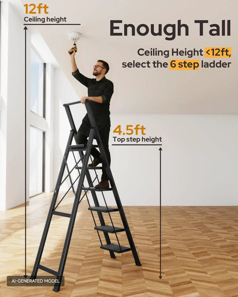 Six Step Foldable Aluminum Ladder Stool, Easy Fold And Store, Black Home Step Ladder With Shelf, Sturdy Yet Lightweight, Your Go To Kitchen And Home Helper For Bedroom Library Classroom. Man standing on 6-step black aluminum ladder reaching ceiling fan in room.