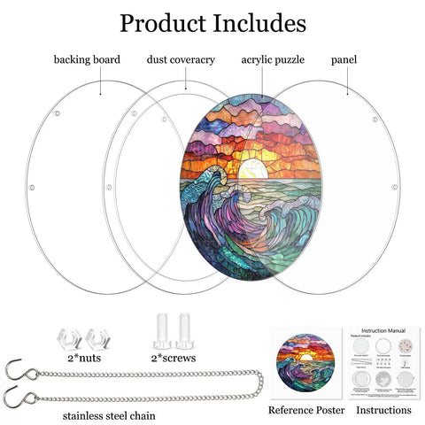 Ocean Sunset Puzzle Suncatcher Kit With 83 Pieces For Doors Garden And Window Hanging Easy Snap Together DIY Acrylic Sun Catcher Craft Seven Point Four Inches No Tools Needed components including acrylic pieces, chain, and screws
