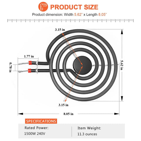 Upgraded Pro Grade 6 Inch 1500W Electric Range Burner Element Ni80Cr20 Four Coil 230V Replacement Surface Element dimensions