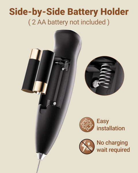 Close-up of black handheld milk frother wand with side-by-side battery holder for 2 AA batteries, electric coffee mixer
