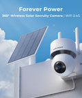 Solar Wireless Outdoor Security Camera with PTZ control and motion detection, mounted on wall, solar panel visible.