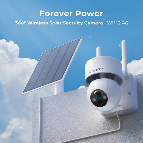 Solar Wireless Outdoor Security Camera with PTZ control and motion detection, mounted on wall, solar panel visible.