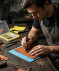 Person using Leather Stitching And Hole Punch Set For DIY Leatherwork with chisels on cutting mat
