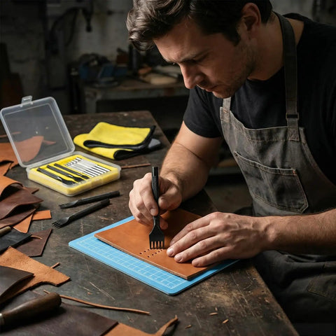 Person using Leather Stitching And Hole Punch Set For DIY Leatherwork with chisels on cutting mat