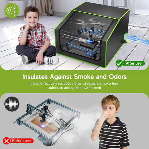 Pro Grade Laser Engraver Enclosure With Vent, Fireproof And Dustproof Protective Cover for laser engraver, shown reducing smoke and odor.