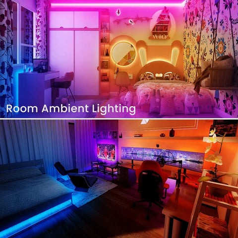 Ultra Long 130 Ft Bluetooth LED Strip Lights With RGB Color Changing Music Sync in vibrant bedroom setups.