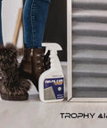 HVAC Filter Cleaner 32 Oz Spray Bottle next to air filter, powerful dirt dissolving formula, restores performance, Trophy Air brand