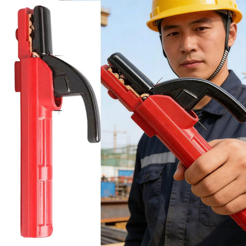 Heavy Duty 300A Copper Welding Electrode Holder With PVC Rubber Insulation Handle held by worker, showing red body and black grip.