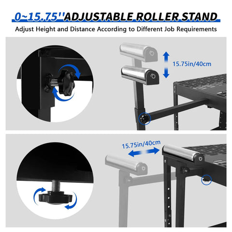0-15.75" Adjustable Roller Stand for Straight Up Workhorse 550 Lb Power Tool Table with height adjustment features.