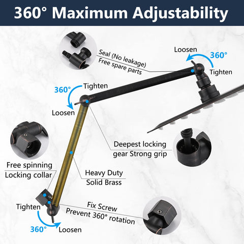 Diagram of 10 Inch Rainfall Shower Head With 16 Inch Adjustable Extension Arm And Handheld Combo in Oil Rubbed Bronze All Metal Build