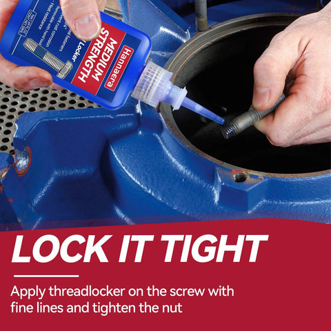 Threadlocker being applied to a bolt; close-up of a blue bottle with red and white label beside a blue metal housing; two 50 ml bottles.