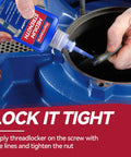 Person applying blue medium-strength thread locker from 50 ml bottle onto industrial nut for securing and preventing loosening