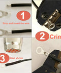 Steps showing installation of 260 Piece Copper Ring And Fork Terminal Kit For Wiring AWG 22-16 16-14 12-10 Tin Plated Non Insulated Connectors