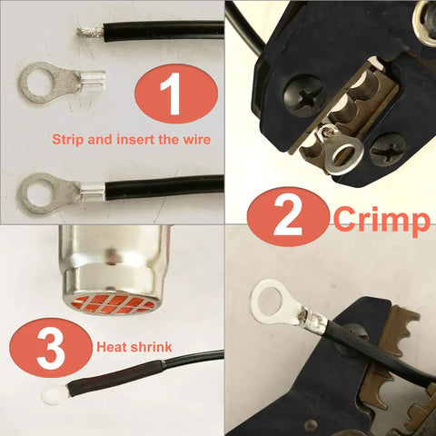 Steps showing installation of 260 Piece Copper Ring And Fork Terminal Kit For Wiring AWG 22-16 16-14 12-10 Tin Plated Non Insulated Connectors