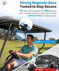 Golf Cart Misting Fan With 12000mAh Battery, Magnetic Mounts, Secure Strap shown in use on a sunny golf course