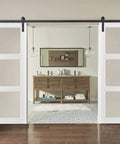 Top Shelf Double Barn Doors Featuring Crisp Clear Glass Panels And Rock Solid Black Steel Track Hardware Promise A Slick Slide Performance For Everyday Household Spaces.