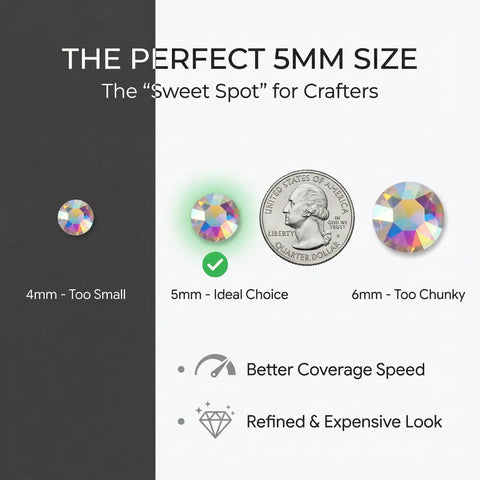 Nine Thousand Pcs Rainbow Rhinestones Bedazzling Kit size comparison with 4mm, 5mm, and 6mm resin gems, ideal for crafts
