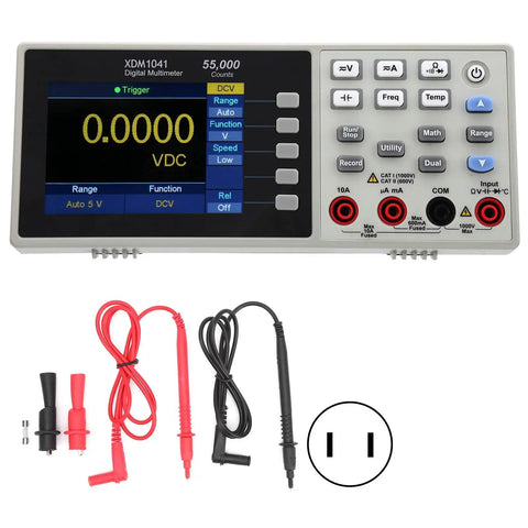 Desktop True RMS Digital Multimeter With 55000 Counts Large LCD Display For Voltage, Current, Resistance, And Capacitance Testing Mini Handy Desktop Tool With US Plug Perfect For Home, DIY, And Tech Projects showing display and probes