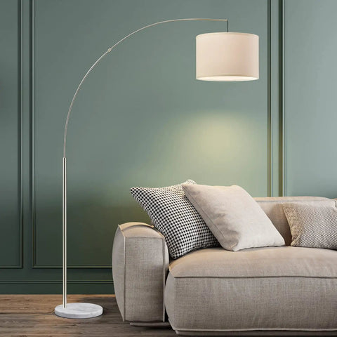 Modern Arc Floor Lamp With Brushed Steel Arch And Silver Finish Hanging Drum Shade Over Sofa For Reading In Living Room