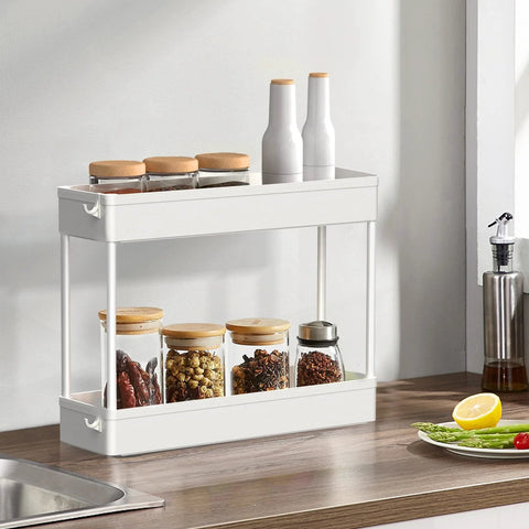 Slim 4 Tier Storage Cart With Rolling Wheels And Narrow Profile for kitchen spices on countertop; white compact storage; ideal for tight gaps.