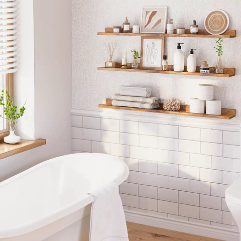 Three Piece Floating Wall Shelves Set With 47 Inch Long Ledges Raised Edge And Hidden Brackets Rustic Brown Dope Space Saver For Bathroom Kitchen Bedroom Office Living Room Decor And Display Storage. Rustic brown 47-inch floating wall shelves in bathroom with towels and decor