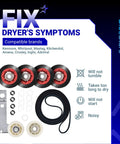 High Grade Dryer Repair Kit Featuring Smooth Idler Pulley Replacement And Tough Four Rib Drum Belt For 27 And 29 Inch Machines, includes support wheels and drive belt.