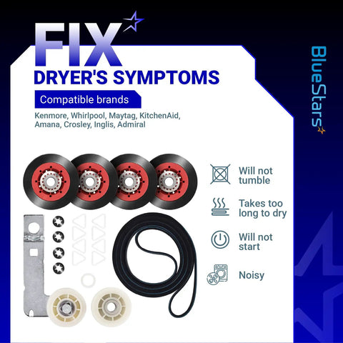 High Grade Dryer Repair Kit Featuring Smooth Idler Pulley Replacement And Tough Four Rib Drum Belt For 27 And 29 Inch Machines, includes support wheels and drive belt.