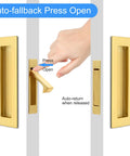 Sliding Pocket Door Handles 304 Stainless Steel Non Locking Pocket Door Hardware Recessed Flush Finger Pull Edge Pull Heavy Duty 6 Inch Satin Brass Finish Set for Smooth Gliding Doors with Rust Resistant Construction, side view with finger opening handle.