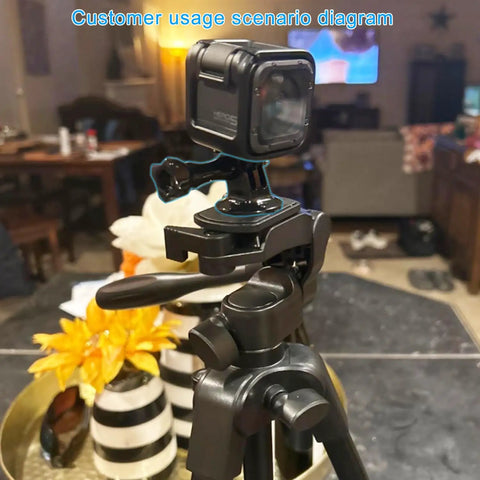 Beefy Universal Action Camera Tripod Mount Adapter for GoPro Hero on tripod in a home setting