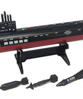 Sixteen Point Five Inch Black Submarine Toy With Realistic Sound Effects Includes Two Torpedoes And An Anti Radar Missile Not Movable On Its Own Three Push Button Sound Effects For Fun Desktop Stand Included displayed on a stand with torpedoes and missile