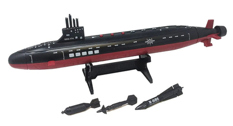 Sixteen Point Five Inch Black Submarine Toy With Realistic Sound Effects Includes Two Torpedoes And An Anti Radar Missile Not Movable On Its Own Three Push Button Sound Effects For Fun Desktop Stand Included displayed on a stand with torpedoes and missile