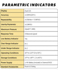 Table of parametric indicators for digital manometer showing display, accuracy, repeatability, pressure, conditions, and power supply.