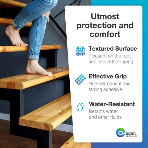 Person climbing wooden stairs with Clear Peel And Stick Stair Treads For Wooden Steps No Slip Grip Tape For Indoor Outdoor Use 15 Pieces