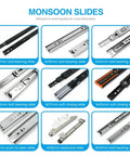 Various drawer slides including Heavy Duty Stainless Steel Drawer Slide For Kitchen Cabinets, Full Extension, Soft Close, 17mm Width