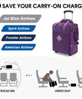 Underseat Rolling Carry On Bag 17x13x8 Inches Personal Item For JetBlue Spirit Frontier And Most Airlines Purple Duffel with diagrams