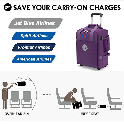 Underseat Rolling Carry On Bag 17x13x8 Inches Personal Item For JetBlue Spirit Frontier And Most Airlines Purple Duffel with diagrams