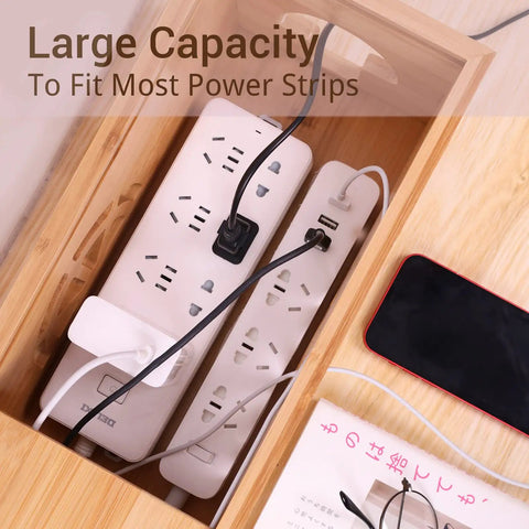 Extra Large Bamboo Cable Management Box With Lid For Cords And Power Strips Or Surge Protectors, Hide Messy Wires Behind TVs, Desks