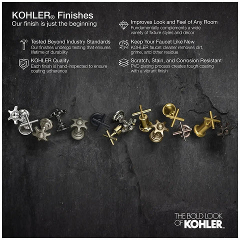 Kohler faucet finishes showcase on dark background with text about quality, durability, and corrosion resistance.
