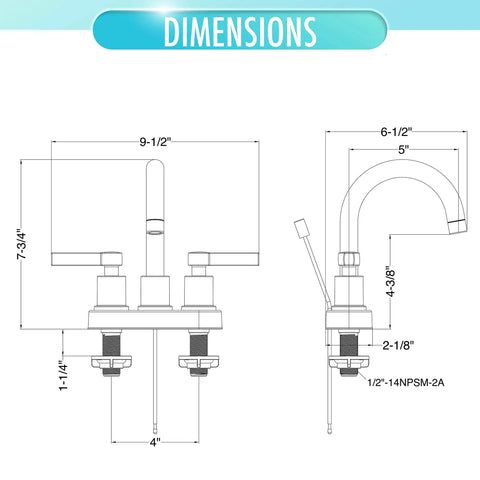 Dimensions diagram of Two-Handle High Arc Bathroom Sink Faucet In Polished Chrome With Easy Install, Durable Build