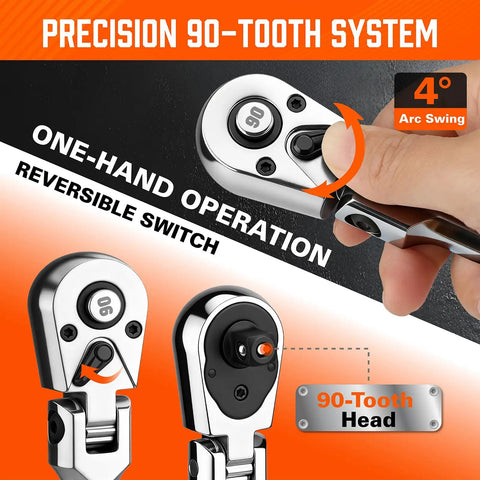 Close-up of a 10 Piece Flex Head Ratchet Set With 1/4, 3/8, And 1/2 Inch Drives, 90 Tooth Quick Release, Reversible Low Profile.