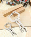 4 Pack 11 And 6 Inch C Clamp Locking Pliers With Swivel Pads for woodworking with adjustable screws on a wooden surface