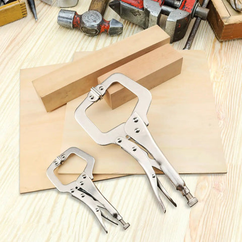4 Pack 11 And 6 Inch C Clamp Locking Pliers With Swivel Pads for woodworking with adjustable screws on a wooden surface