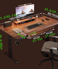 Top Notch Adjustable Standing Desk With Roomy Hidden Storage Drawers And No Sweat Preset Height Adjustments Featuring Built In Headphone Hook And Clean Natural Wood Finish For Solid Home Office Workstations with measurements and accessories.