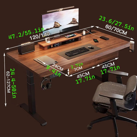 Top Notch Adjustable Standing Desk With Roomy Hidden Storage Drawers And No Sweat Preset Height Adjustments Featuring Built In Headphone Hook And Clean Natural Wood Finish For Solid Home Office Workstations with measurements and accessories.