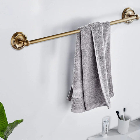 All In One Antique Brass Bathroom Accessories Set With 24 Inch Towel Holder And Wall Mount Hardware, sleek towel on holder