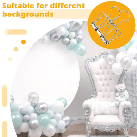 8 Pack Heavy Duty Balloon Arch Clips Set with large metal clamp, backdrop of silver and blue balloons, and elegant white chair.