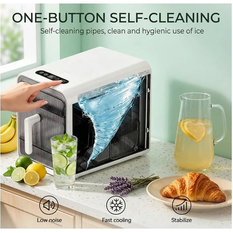 Portable Countertop Ice Maker Produces Clear Square Ice Cubes Fast in 8 To 12 Minutes with self-cleaning feature and ice in glass.
